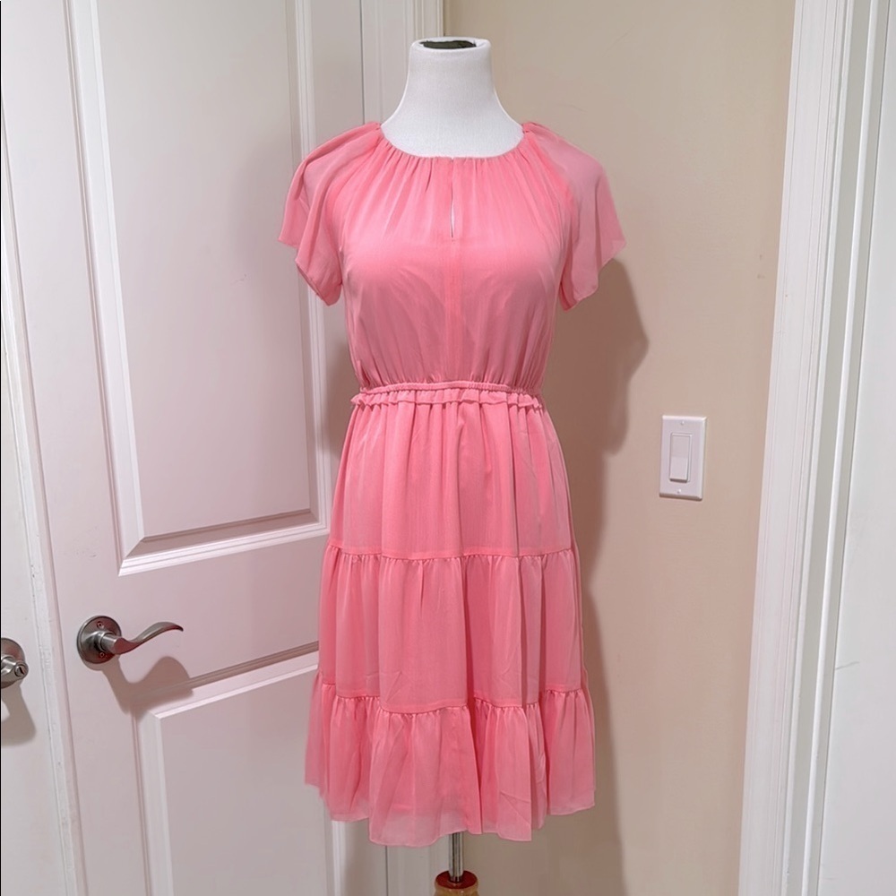 NWT Ann Taylor Candy Pink Fairy Twirl Tiered Split Neck A Line Dress Size XS